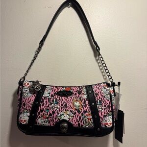 Ed Hardy shoulder crossbody Bag leopard print skull pink NWT